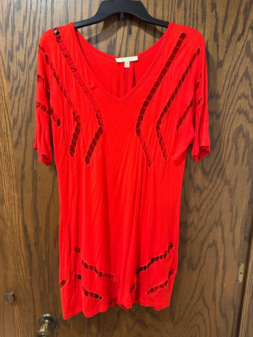 Red V-Neck Ladder Cutout Tunic Top